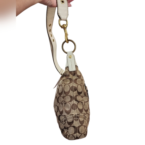 COACH Signature C Khaki/Cream Jacquard Leather Hobo Duffle 2-way Bag 10403 GUC - Picture 3 of 16